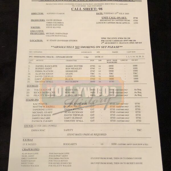 Shrieking Shack Call Sheet
