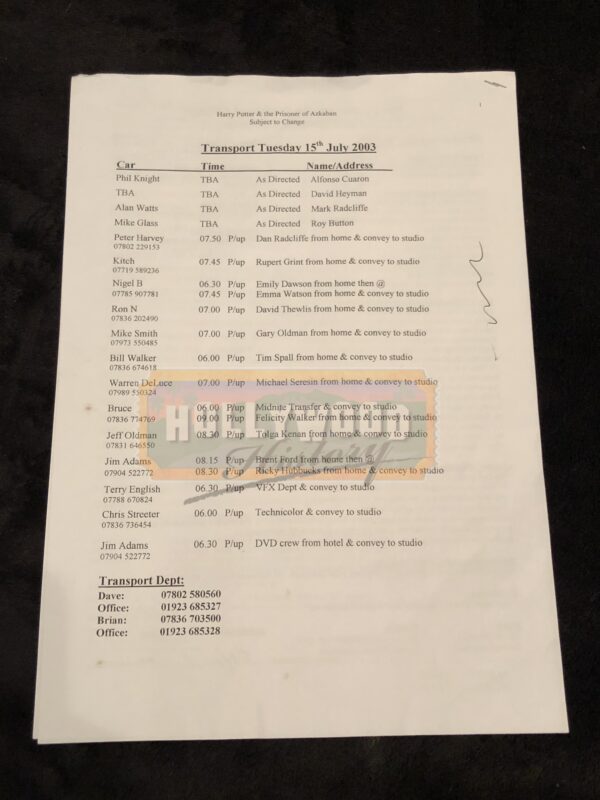 Shrieking Shack Call Sheet