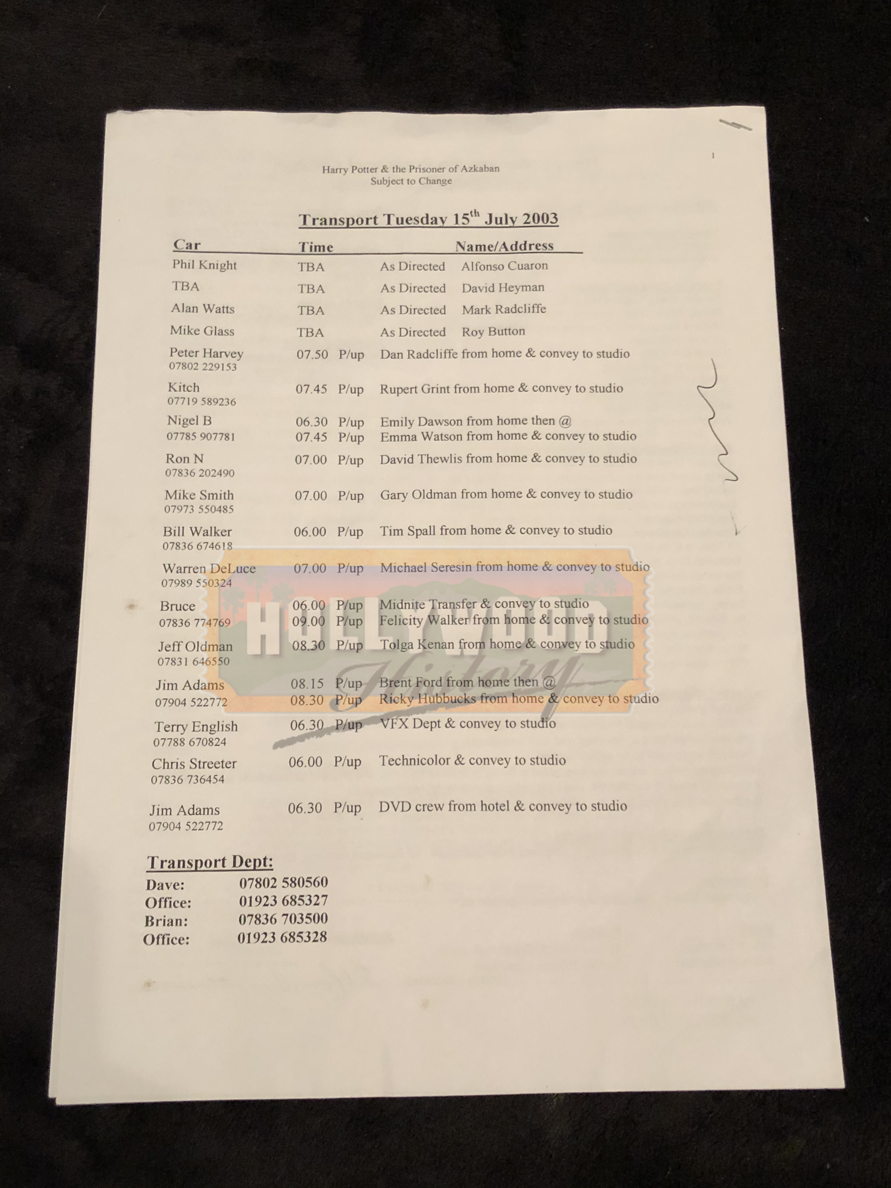 Shrieking Shack Call Sheet